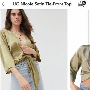 UO tie front satin top olive